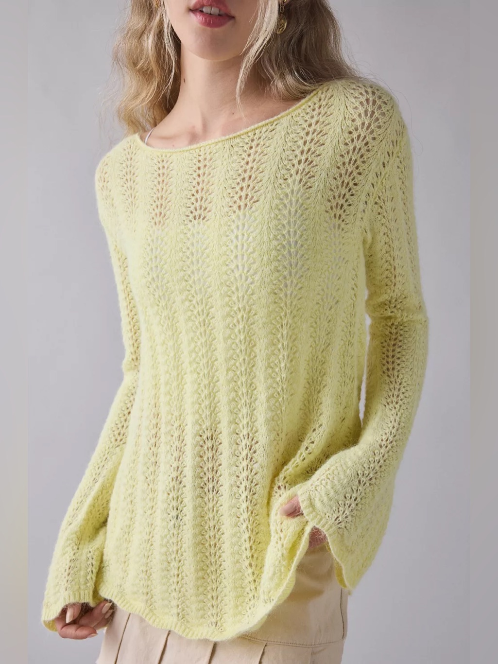 Uo Kimchi Blue Lily Trapeze Bell Sleeve Pointelle Knit Sweater